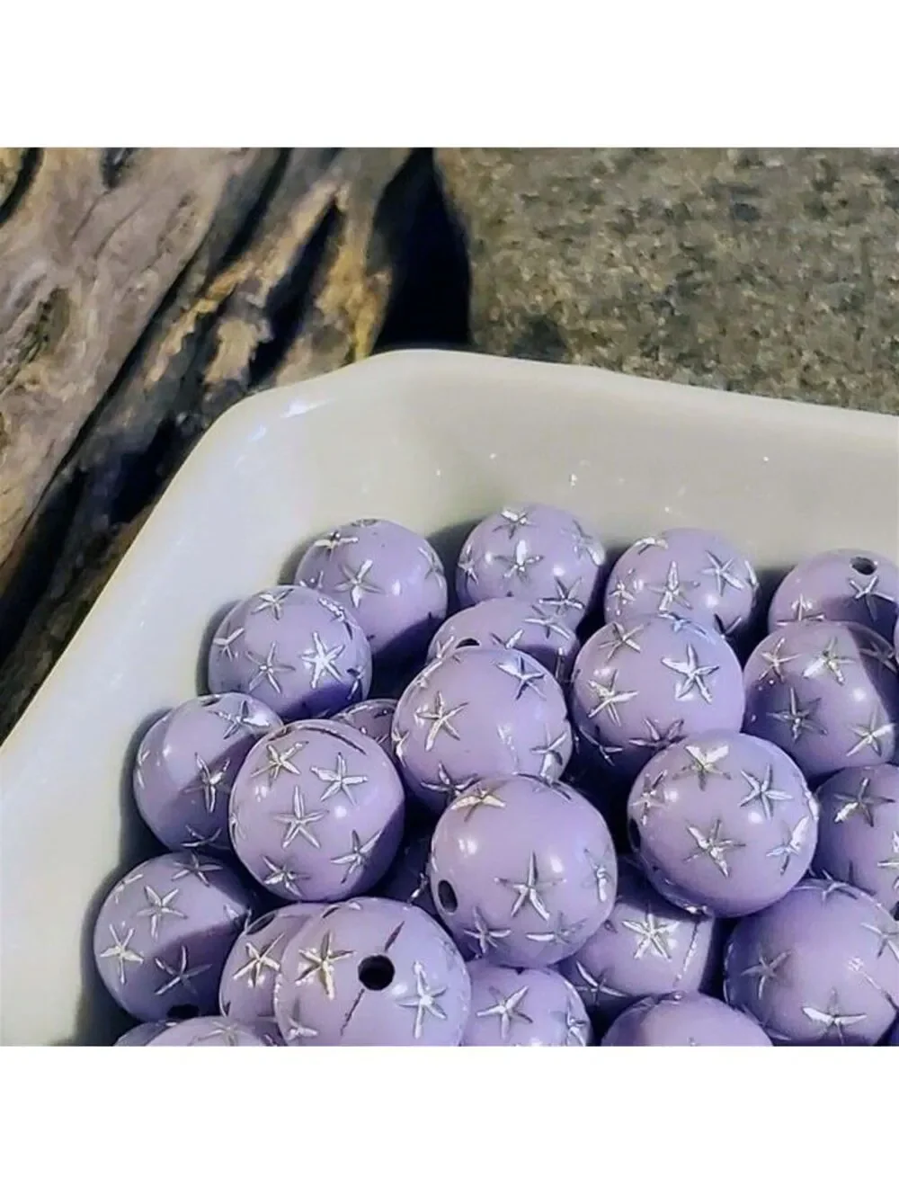 10 Vintage Retro Lavender Silver Stars 12mm Round Acrylic Shabby Chic Beads